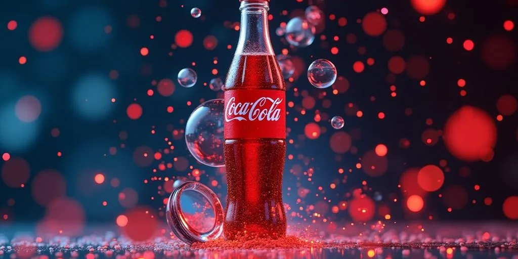Coca-Cola bottle with digital elements illustrating AI marketing.