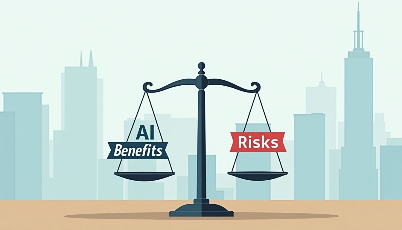 Balance scale depicting AI benefits and risks in an office.