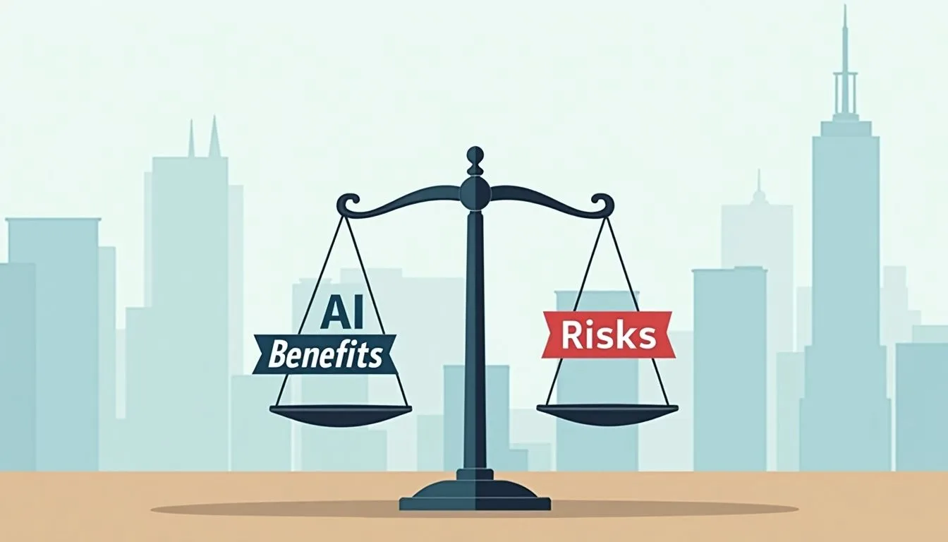 Balance scale depicting AI benefits and risks in an office.