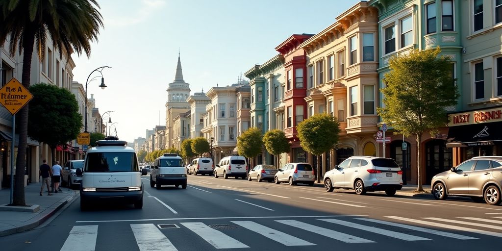 Self-driving cars on San Francisco's streets with city backdrop.