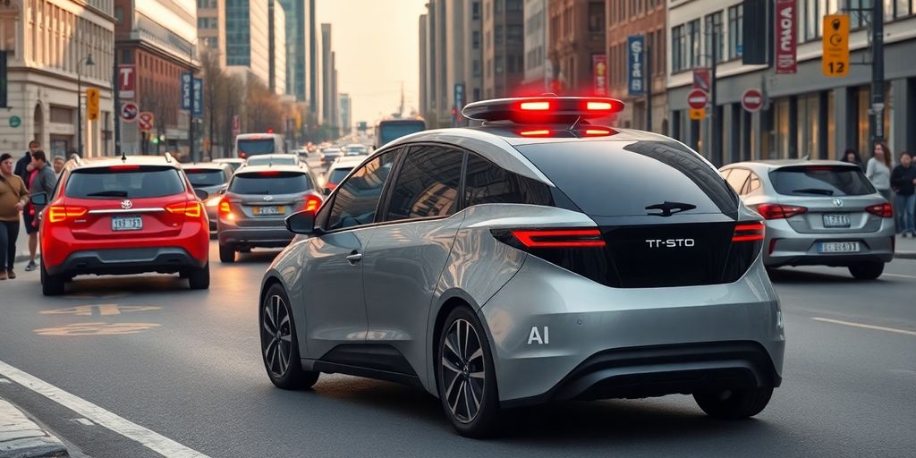 Futuristic autonomous vehicle on a busy city road.