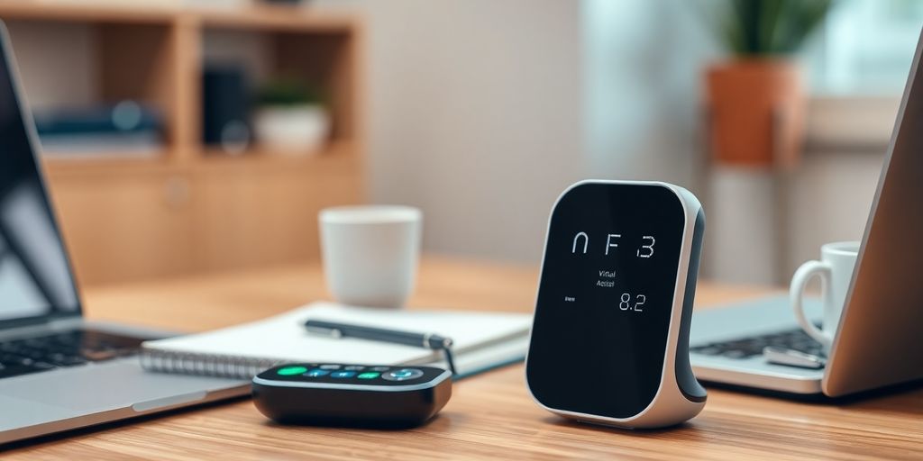 Modern virtual assistant device on a desk in home office.