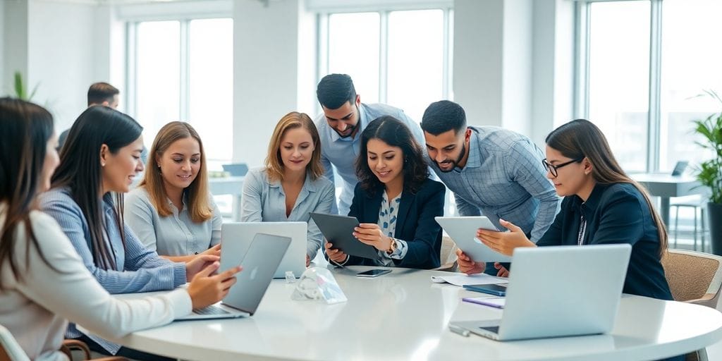 Team collaborating with AI tools in a modern office.