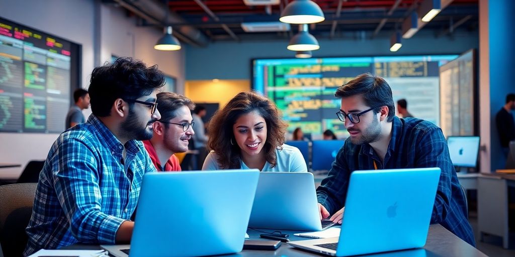 Developers collaborating on AI tools in a workspace.