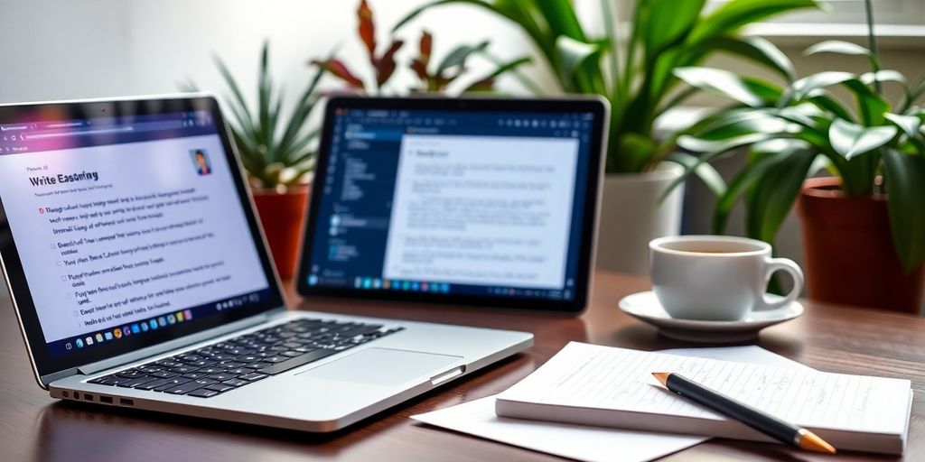 A modern workspace with a laptop and notepad.