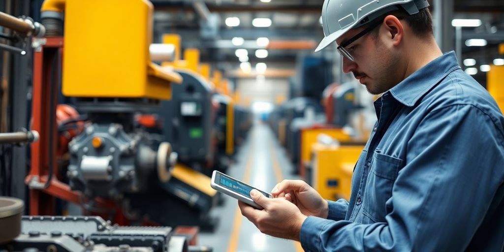 Technician using tablet for predictive maintenance inspection.