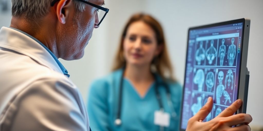 Doctor analyzing medical images with patient nearby.