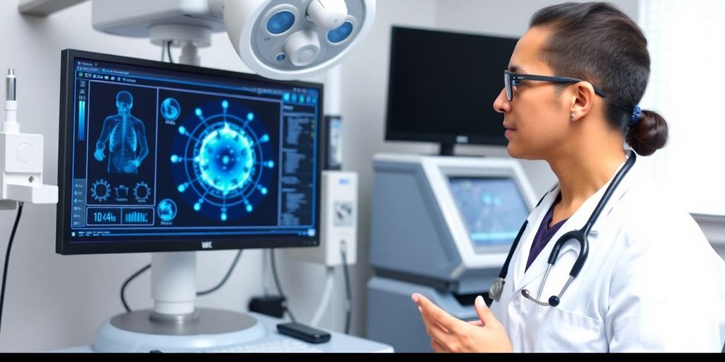 Healthcare professional utilizing AI technology for patient analysis.