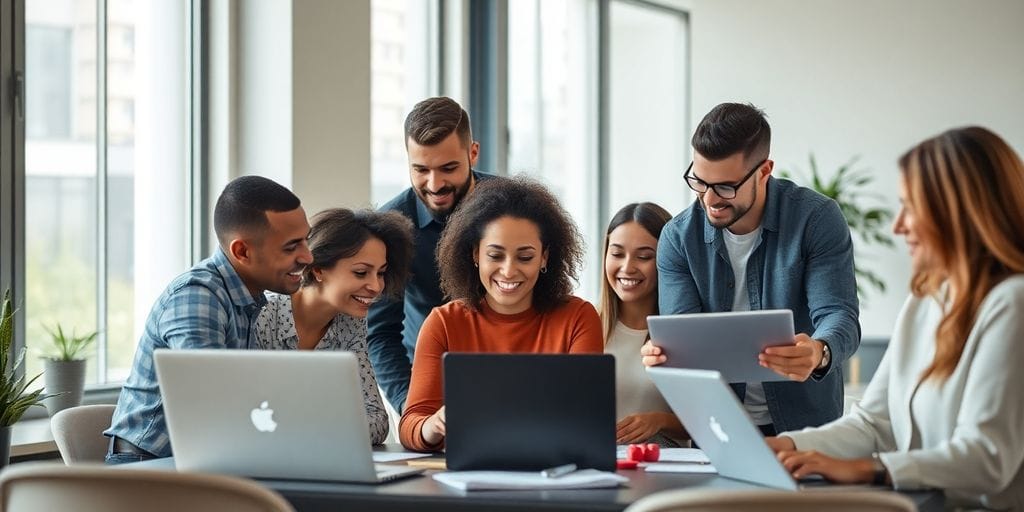 Team collaboration in a bright modern office environment.