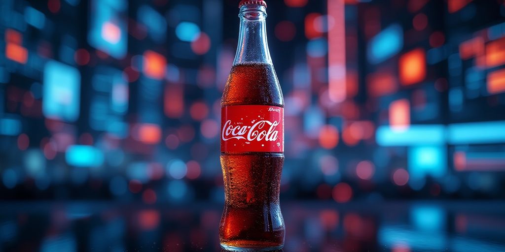 Coke bottle with vibrant digital screens around it.