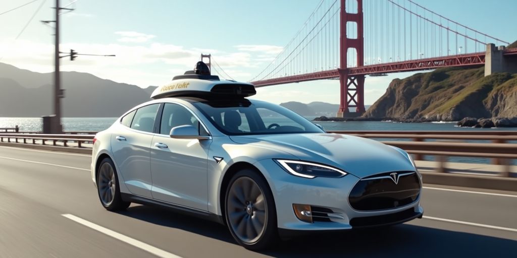 Self-driving car on San Francisco street with skyline.