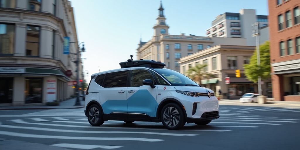 Self-driving car on San Francisco street with city backdrop.