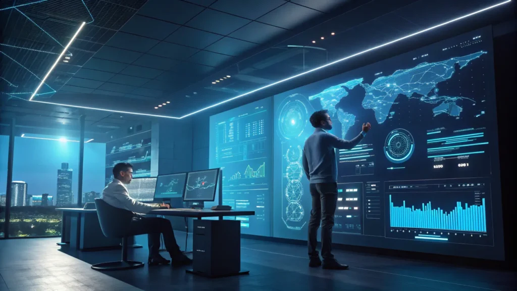 a-dynamic-illustration-of-a-futuristic-workspace- of a ai engineer