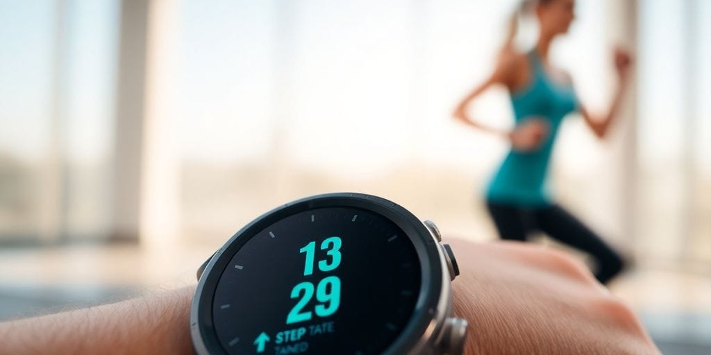 Smartwatch displaying health metrics on a fitness background.