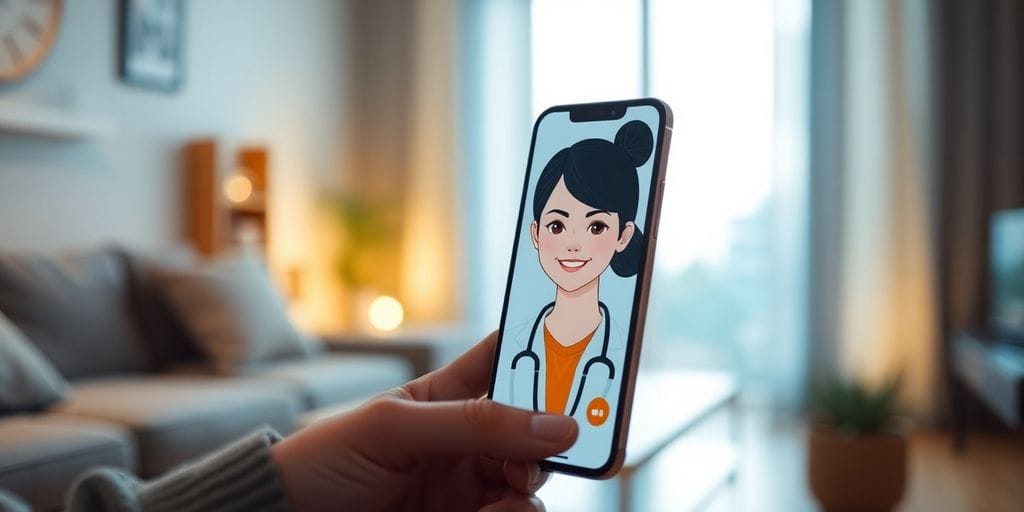 Smartphone with AI health assistant avatar in soft lighting.