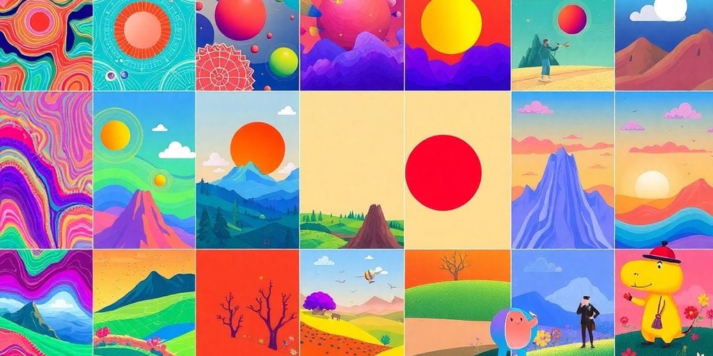 Colorful AI-generated artworks with various creative styles.