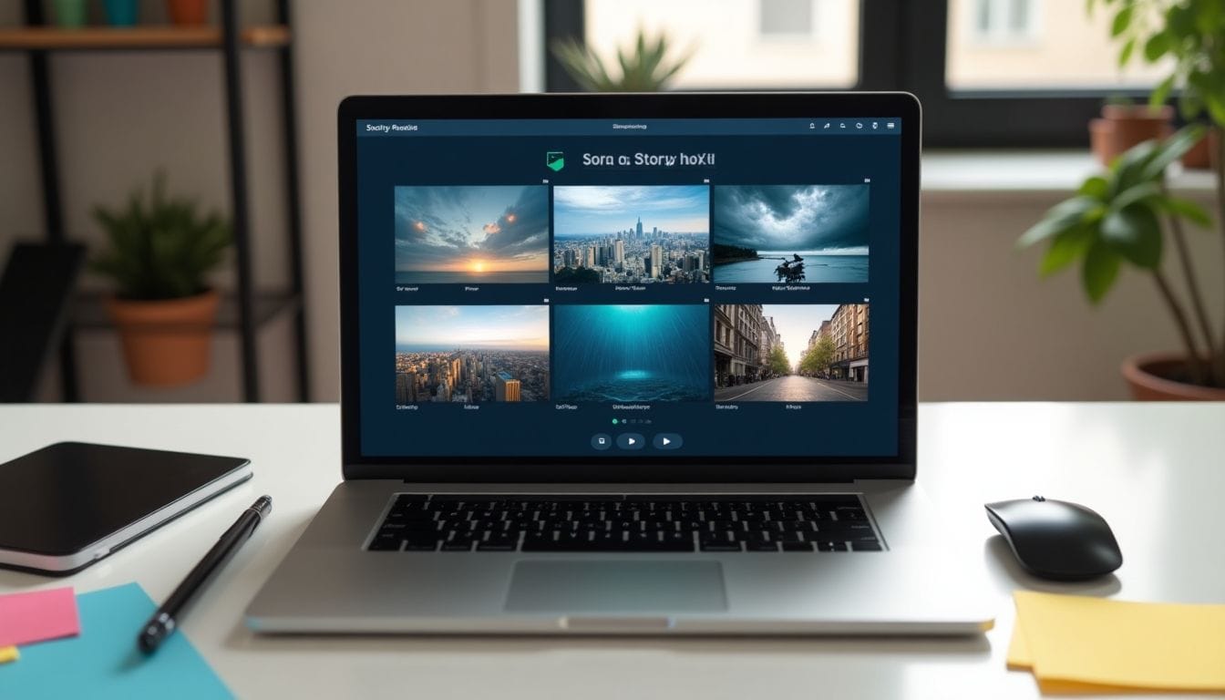 Laptop showing Sora AI's Storyboards with video thumbnails.