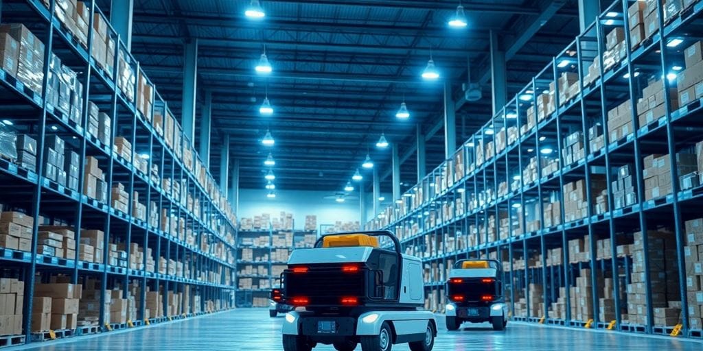 Robotic logistics systems in a modern warehouse environment.