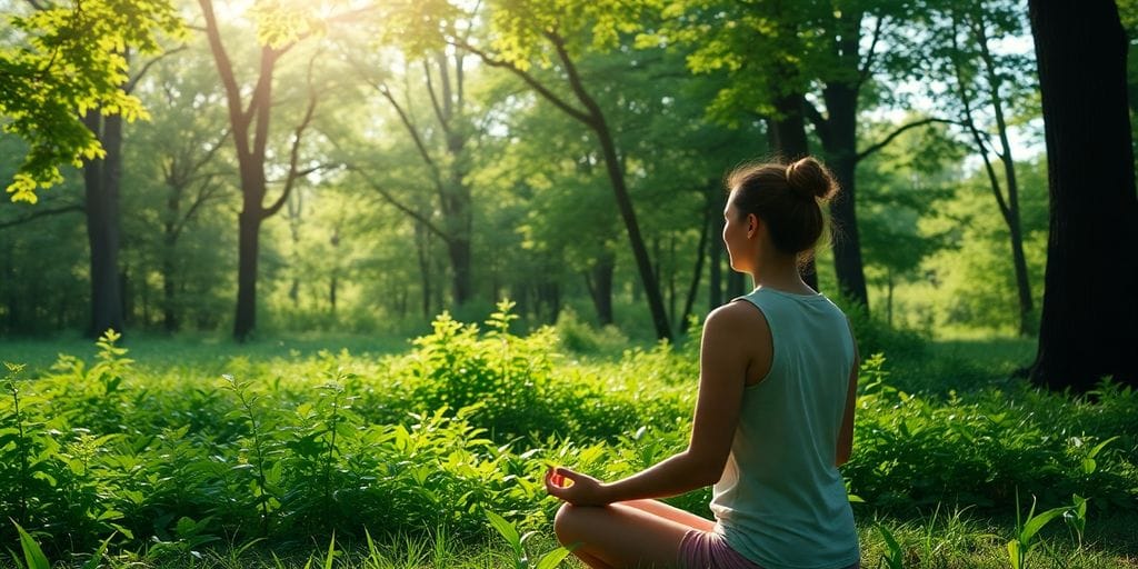 Person meditating in nature for health and wellness.