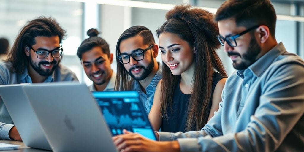 Diverse team working together in a modern office setting.