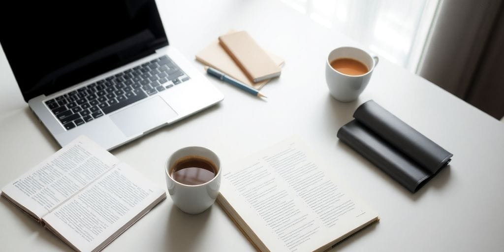 A clean workspace with a laptop and notebooks.