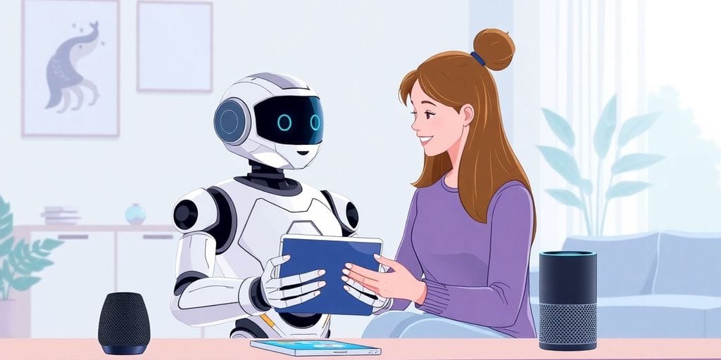 Futuristic AI assistant interacting with a user at home.