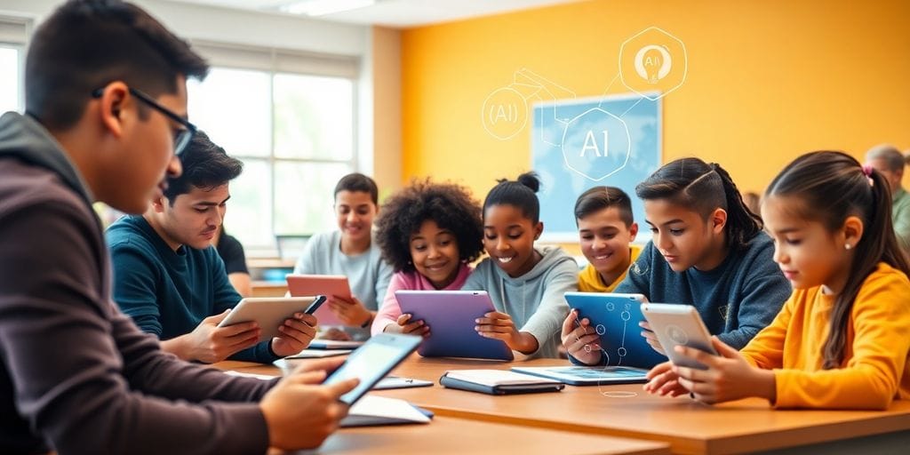 Students using tablets in a modern classroom setting.