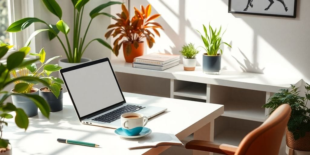 Clean workspace with laptop and coffee for writing.