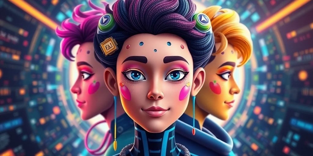 Illustrative AI avatar with vibrant colors and digital design.