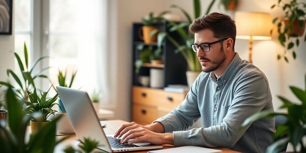 Entrepreneur working on a laptop in a cozy office.